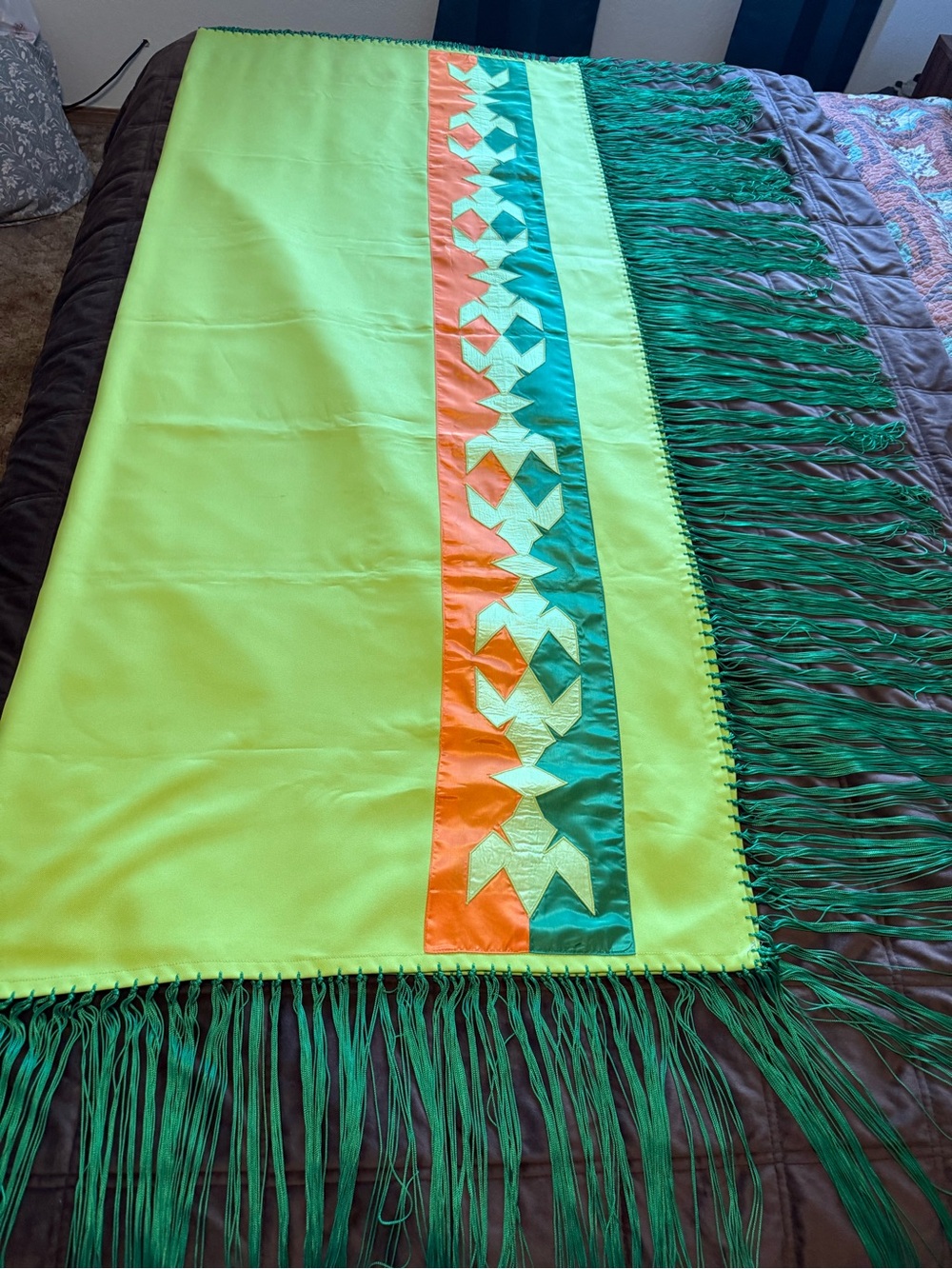 Bright Lime Green Fringe Wrap with Teal and Orange Accent